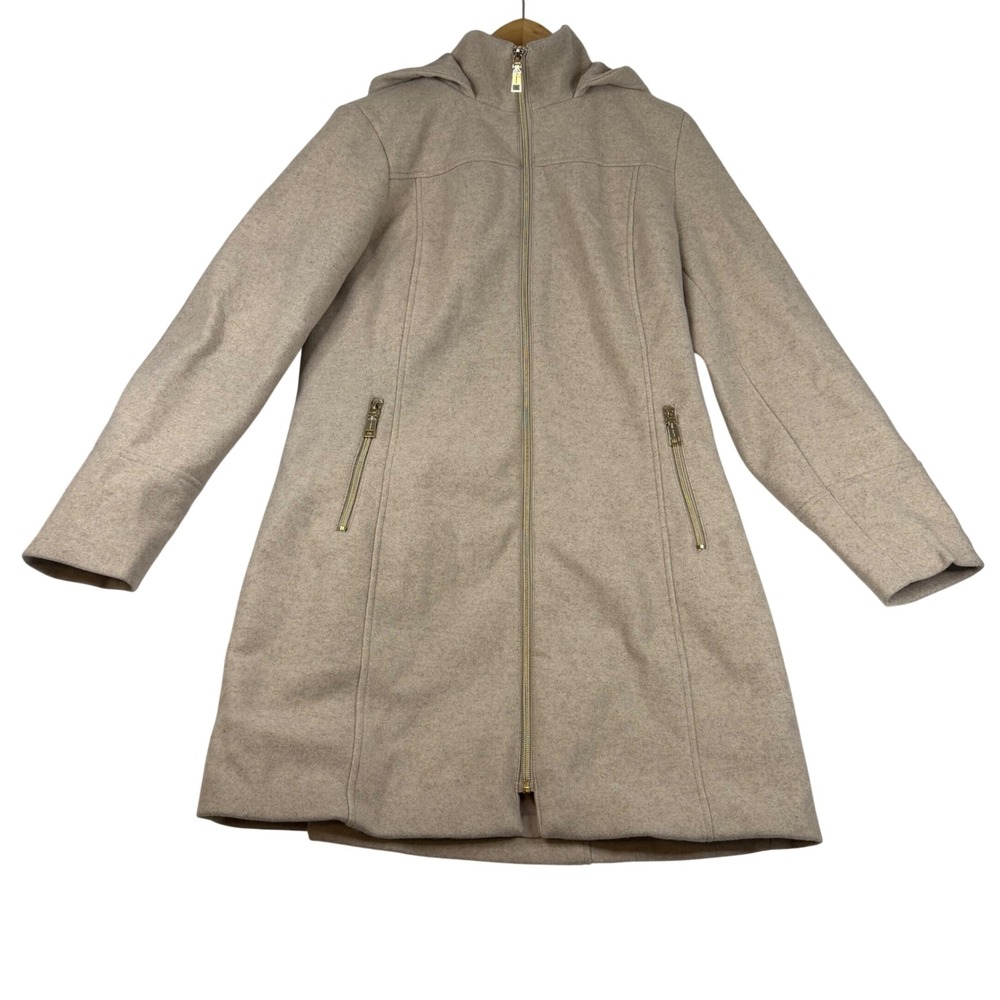 Two by Vince Camuto Hooded Walker Coat Oatmeal Heather Gold Zip 1709945 Size M